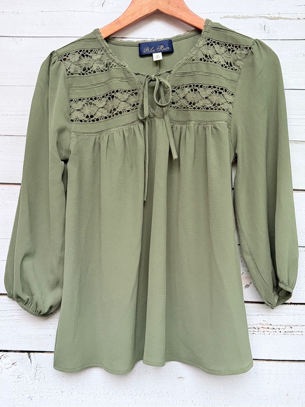 Blue Rain Olive Lace-Yoke Tie Front Peasant Top - Picture 2 of 5